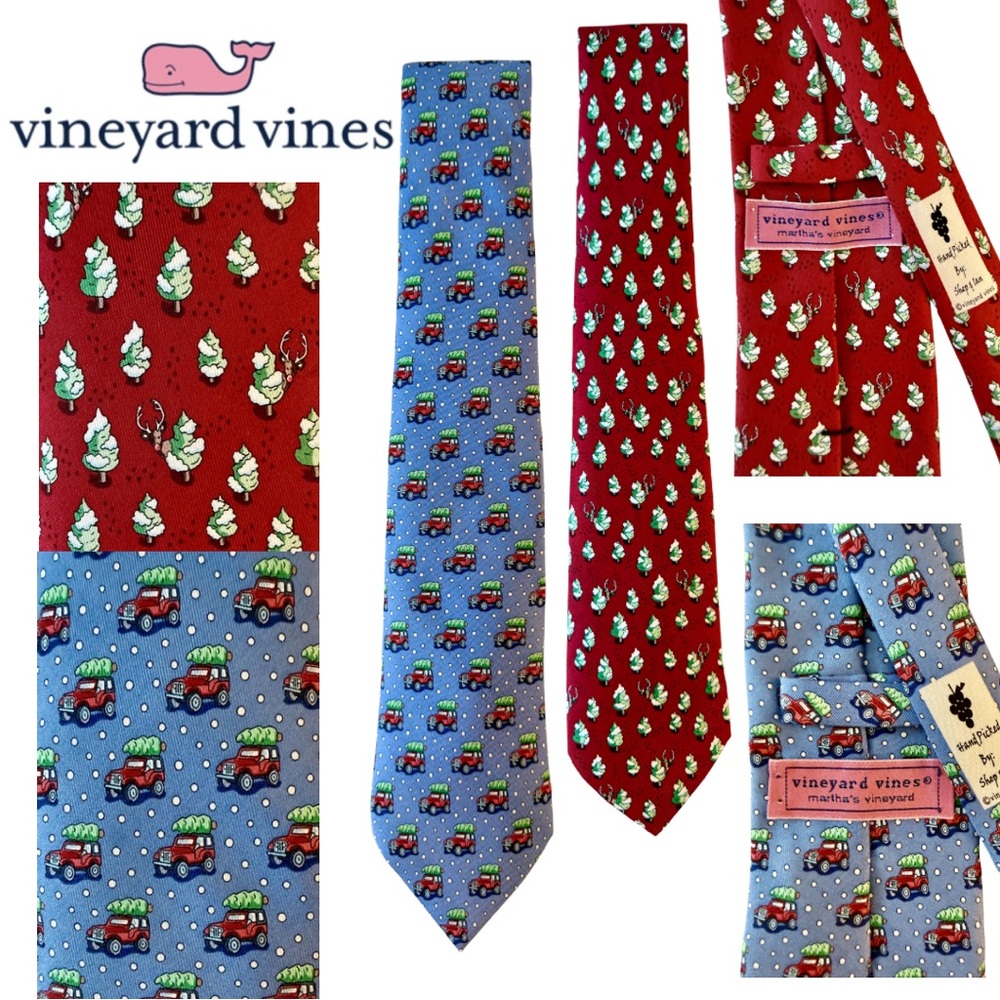 Vineyard Vines Set of 2 Christmas Mens Ties 100% Silk Rex & Blue